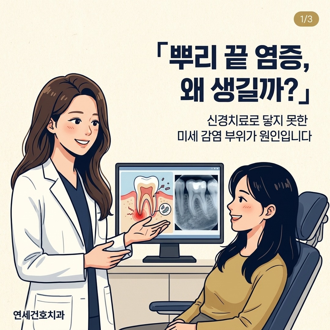 치근단절제술 필요한 치아 뿌리 끝 염증 X-ray 설명하는 치과의사
