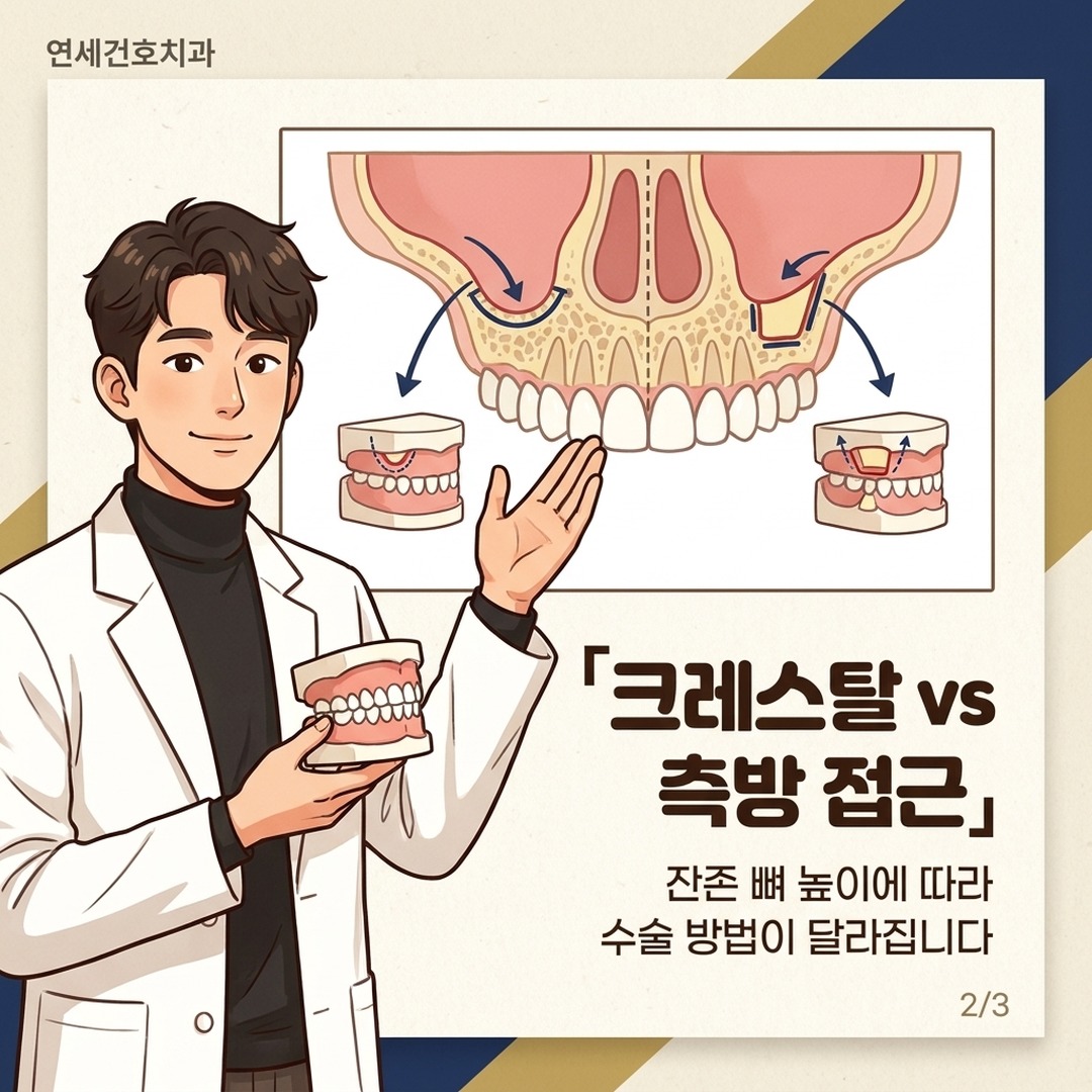 상악동거상술 크레스탈 측방접근 비교 설명 치과의사