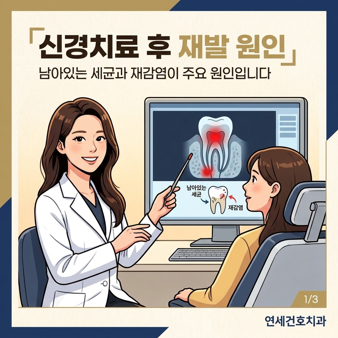 재신경치료 필요한 치아 뿌리 염증 X-ray 설명하는 치과의사